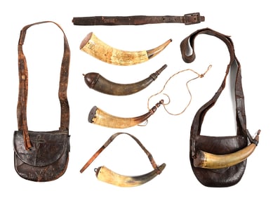 LOT OF 6: POWDER HORNS, ONE POINTED TREE CARVER, AND HUNTING BAGS.