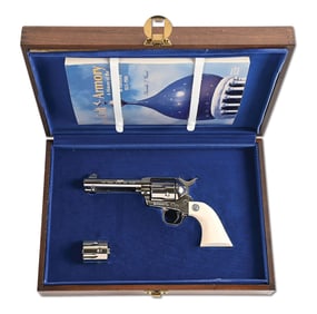 (M) NICKEL COLT SINGLE ACTION ARMY .45 ACP REVOLVER WITH CASE, IVORY GRIPS, AND SPARE CYLINDER.