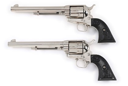 (M) PAIR OF 3RD GENERATION ETCHED PANEL BLACK POWDER COLT FRONTIER SIX SHOOTER SINGLE ACTION