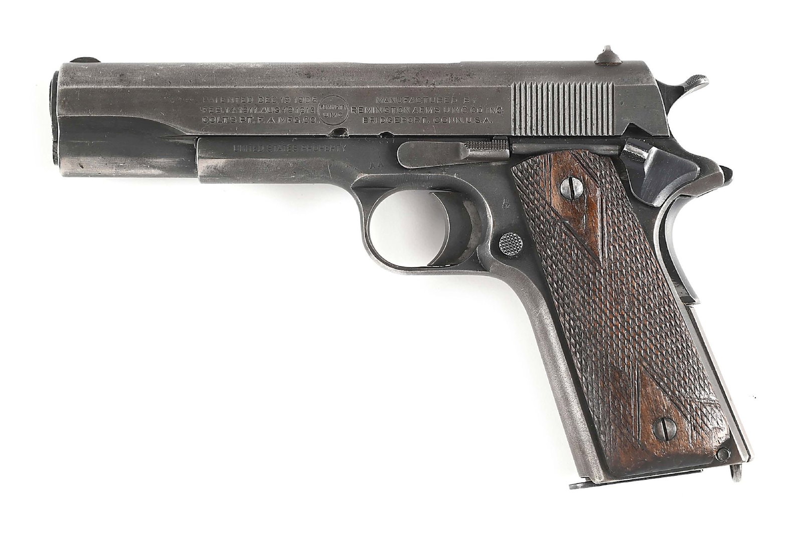 (C) COLT / REMINGTON UMC REBUILD MODEL 1911 SEMI AUTOMATIC PISTOL.: This is an Augusta Arsenal rebuild using a 1918 US Property Colt frame with a 1918/19 Remington UMC slide. The letters AA are stamped on left side of frame for arsenal. Slide has UMC markings. Colt fr