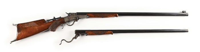 (A) MAYNARD MODEL 1882 BREECH LOADING TARGET RIFLE, TWO BARREL SET WITH TOOLS.