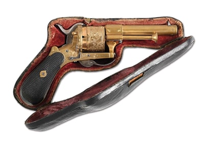 (A) PIPE CASED ENGRAVED SYSTEM LEFAUCHEUX ALL BRASS PINFIRE REVOLVER.