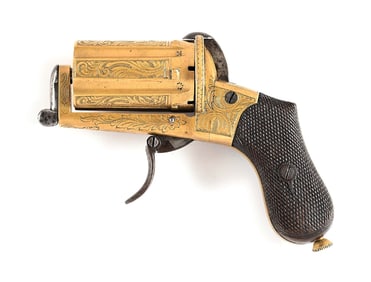 (A) ENGRAVED SYSTEM LEFAUCHEUX ALL BRASS PINFIRE BARRELESS POCKET REVOLVER.