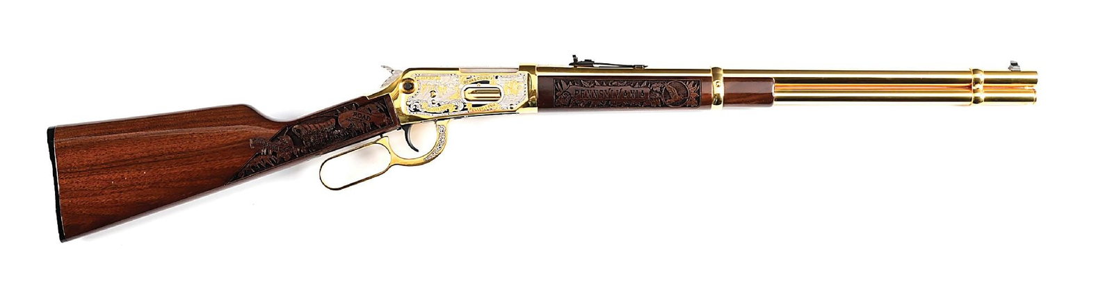 (M) 1 OF 10 GOLD PLATED BERKS COUNTY COMMEMORATIVE WINCHESTER MODEL 94AE SADDLE RING CARBINE.: Number "10 of 10" Winchester 94AE saddle ring carbine embellished by Investment Arms to commemorate the 250th anniversary of Berks County, Pennsylvania, in 2002. 24 karat gold plated Winchester Proof 