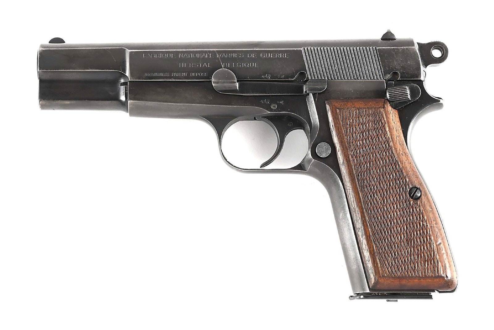 (C) EARLY POST WAR FN HI-POWER 9MM SEMI-AUTOMATIC PISTOL.: FN marked, made in Belgium, stamped "Browning's patent depose". Blue finish, lightweight hammer, checkered walnut grips, wind drift rear sight, Italian marked magazine. This gun predates the Browning 