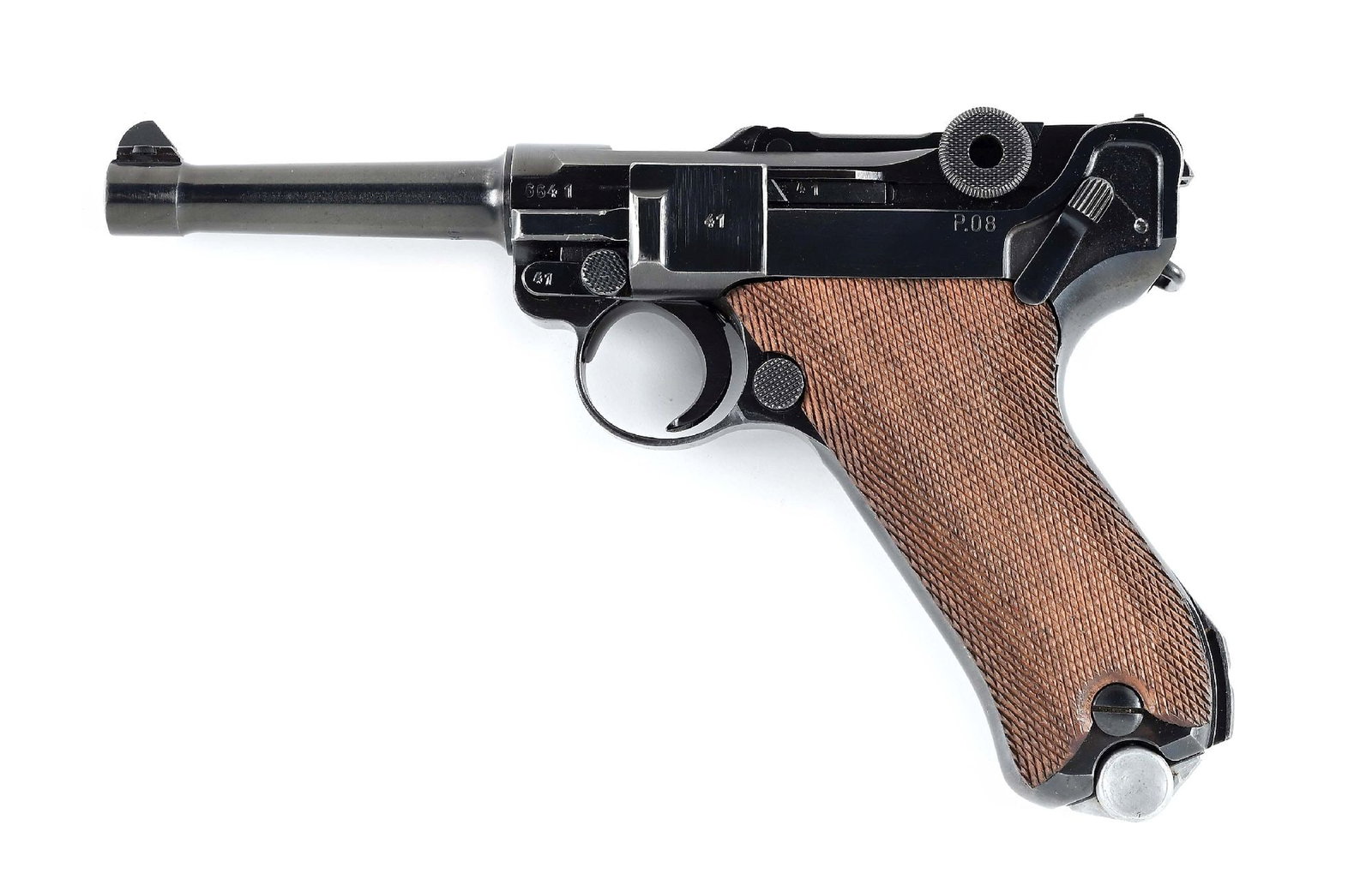 (C) 42 DATED BYF P.08 LUGER SEMI AUTOMATIC PISTOL.: byf code on the front toggle link. Dated 42 over the chamber. Two piece checkered wood grips. The magazine is a replacement that is marked S/42 with no serial number. All matching numbers gun except t