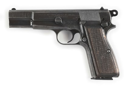 (C) WWII GERMAN PROOFED FN HI-POWER SEMI AUTOMATIC PISTOL WITH PIGSKIN HOLSTER.