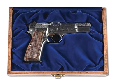 (M) ENGRAVED BELGIAN BROWNING CLASSIC HI-POWER SEMI AUTOMATIC PISTOL WITH DISPLAY CASE.