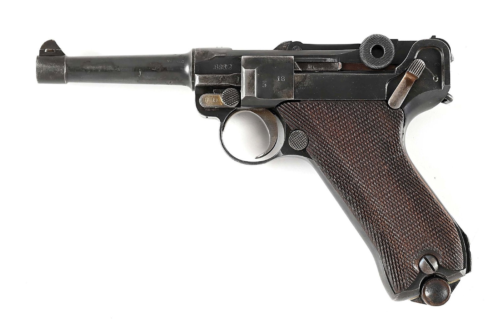 (C) WWI ERFURT P.08 LUGER SEMI-AUTOMATIC PISTOL.: Standard World War I military luger. All matching numbers except the magazine. Erfurt under a crown on the front toggle link. Dated 1918 over the chamber. Straw small parts and two piece checkered woo