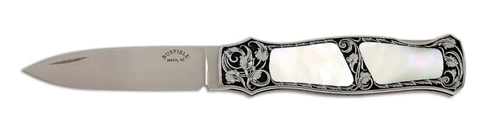 JACK BUSFIELD GREEN SEA SNAIL SHELL DOUBLE INTERFRAME LOCKBACK DAGGER.