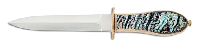 JIM SORNBERGER MOKUME WRAP DAGGER WITH MASTADON TOOTH INLAY.