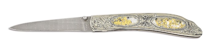 JIM SORNBERGER RAZOR STYLE GOLD QUARTZ INLAID FOLDER.