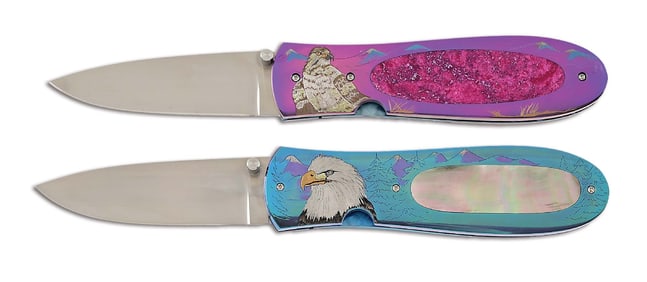 LOT OF 2: JIM SORNBERGER PINK TITANIUM HAWK AND PURPLE TITANIUM EAGLE FOLDING KNIVES.