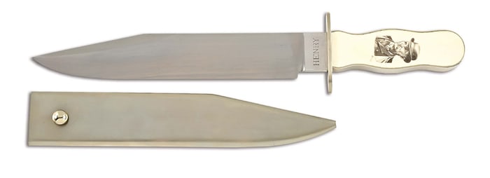 D.E. HENRY SCRIMSHAWED IVORY HANDLE BOWIE KNIFE.