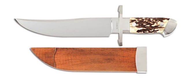 SCHNEIDER STAG GRIP BOWIE KNIFE WITH WOOD SCABBARD.