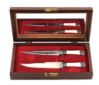 CASED JESS HORN BOWIE KNIFE AND DAGGER SET.