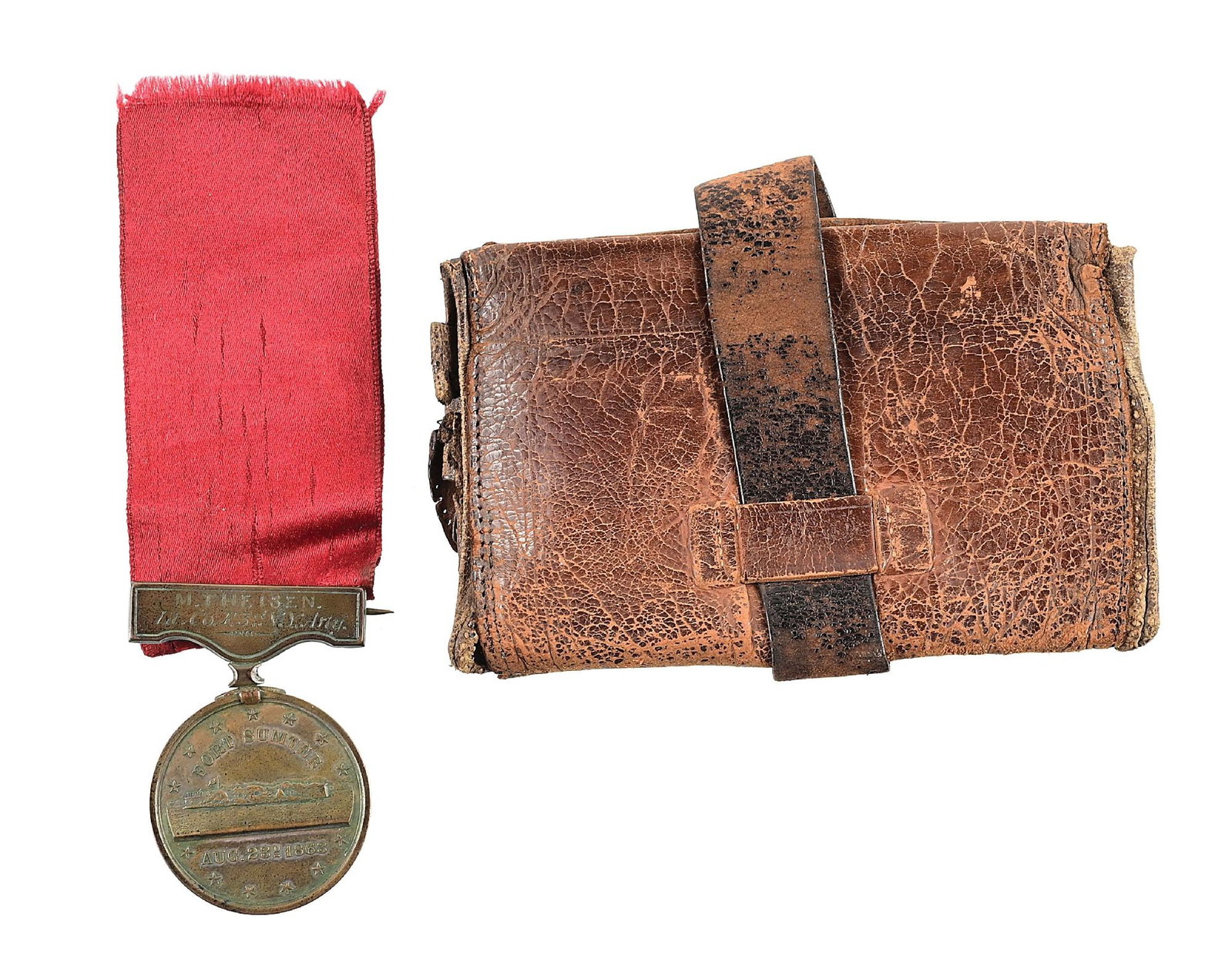 US CIVIL WAR GILMORE MEDAL.: Fine example of a Gilmore Medal with original ribbon, pin, and leather wallet that was awarded to Private Mathias Tyson, 3rd New York Light Artillery. Brass medal with engraved image of Fort Sumter su