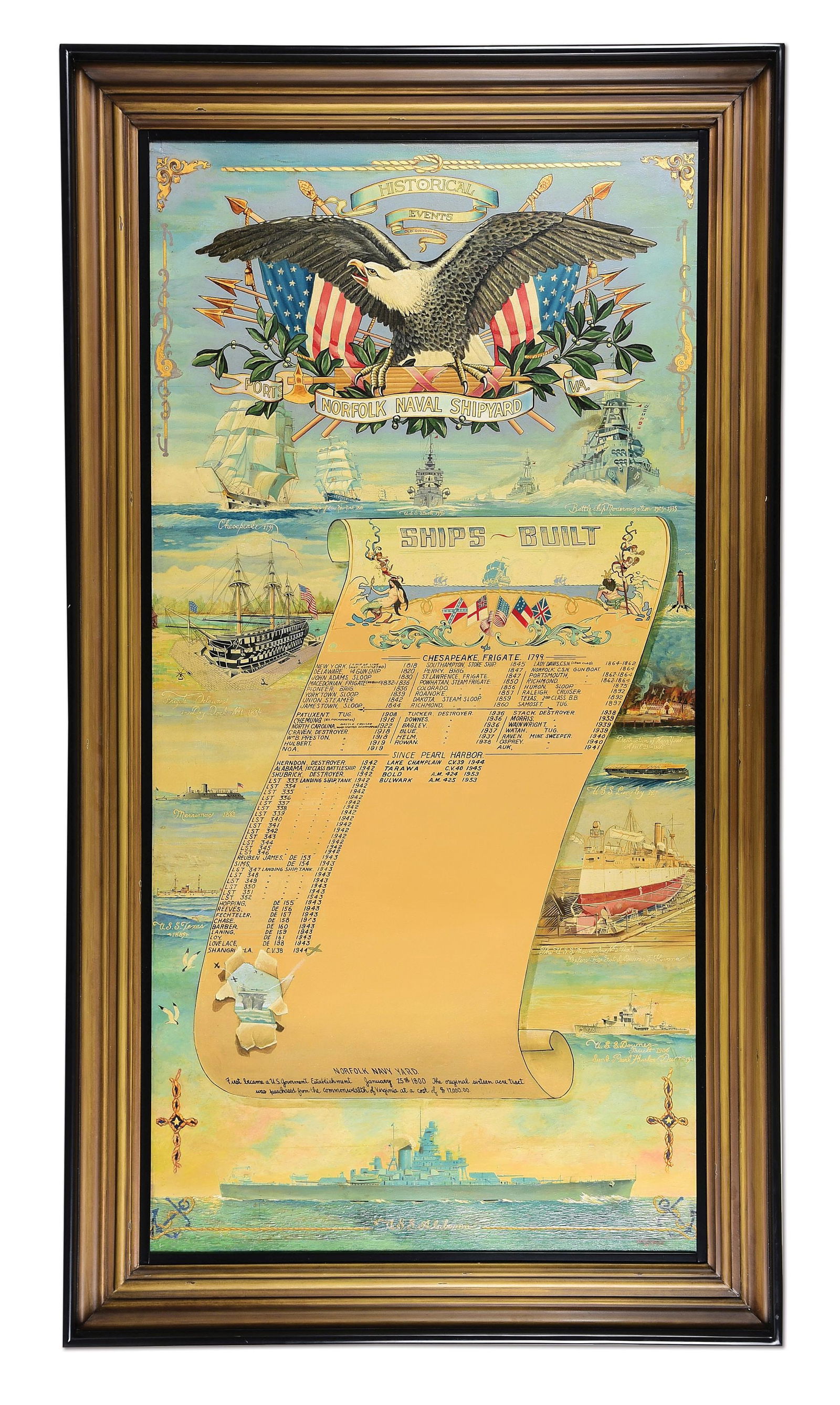 ATTRACTIVE AND MONUMENTAL WWII ERA REGISTRAR FOR THE NORFOLK NAVAL SHIPYARD.: An immense painted registrar of ships built at the Norfolk Naval Shipyard. The painting features a list of ships which were constructed at the Norfolk Naval yard beginning with the first vessel, the C