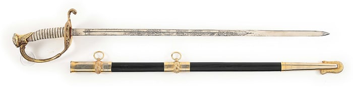 US WWI ERA M1852 NAVAL OFFICERS SWORD NAMED TO WALTER L. POWERS WITH AWARDS NAND CERTIFICATES.