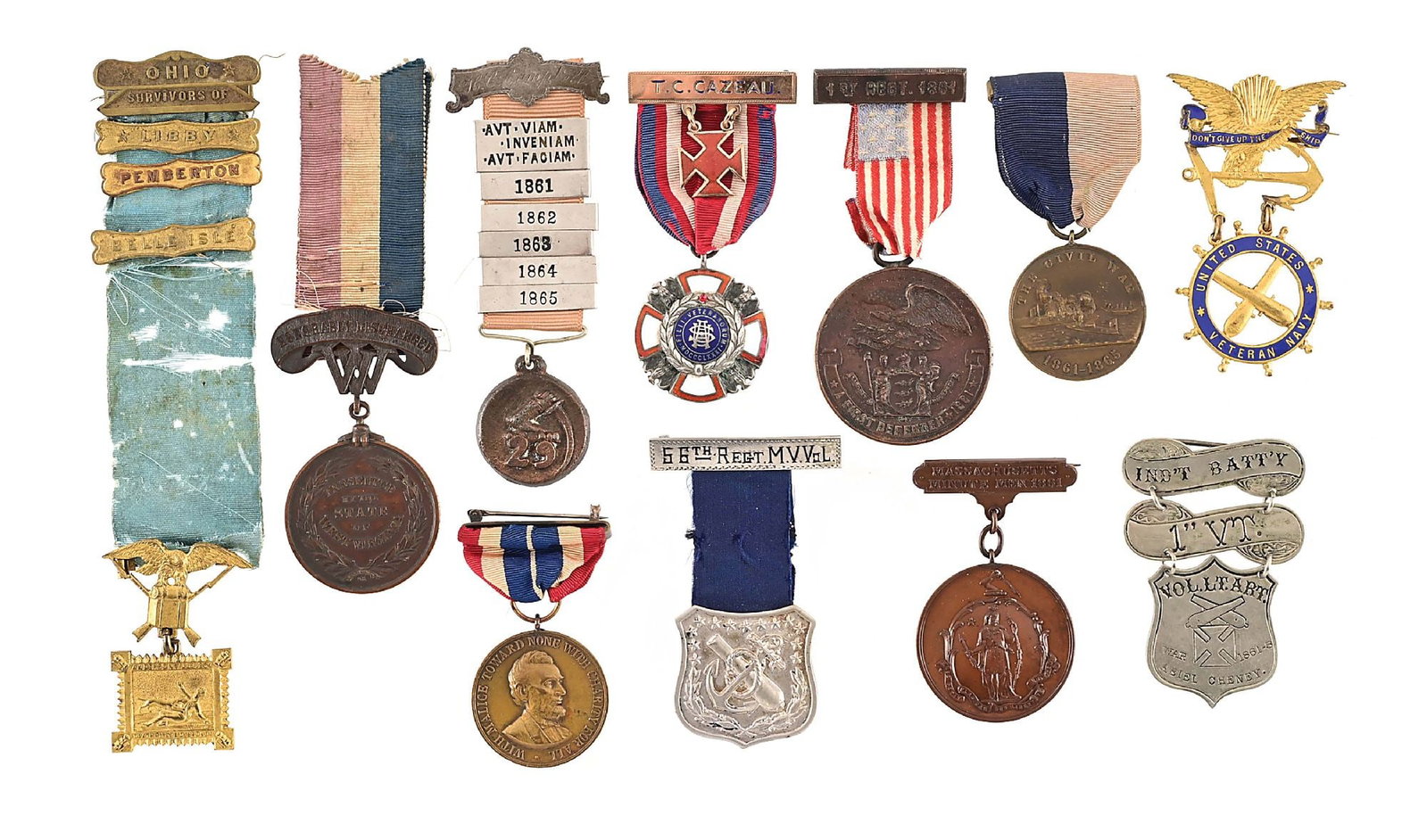 LOT OF 11: US CIVIL WAR GAR AND VETERAN BADGES.: Lot consists of: (A) Approximately 6 - 1/2". Pinback pendant is marked "OHIO SURVIVORS OF" supporting a light-blue ribbon with three clasps: "LIBBY", "PEMBERTON", and "BELLE ISLE". Gilt medal featurin
