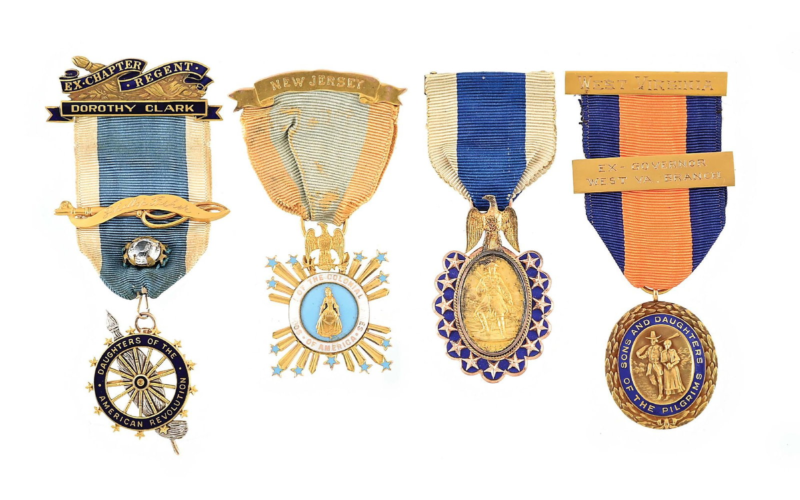 LOT OF 4: AMERICAN REVOLUTION RELATED VETERAN AND ORGANIZATION MEDALS.: Lot consists of: (A) Society of the Colonial Dames medal. Gold with light blue and white enamels, weighing 15.9 grams overall. "New Jersey" hanger with blue and yellow ribbon. Reverse of eagle that se