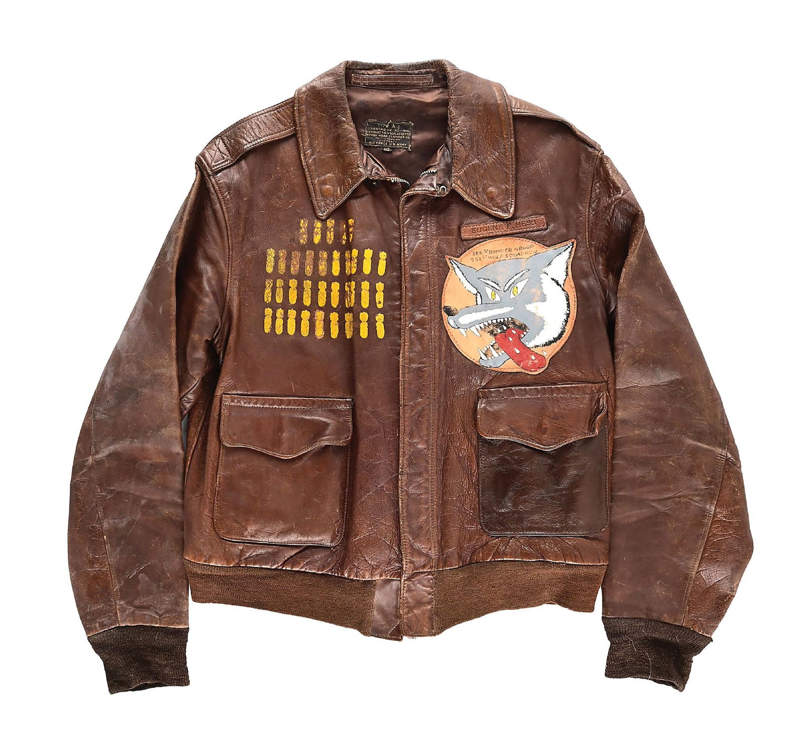 US WWII 551ST BOMB SQUADRON A-2 FLIGHT JACKET.: World War II US Army Air Forces (USAAF) Type A-2 flight jacket. The jacket is named to Lt. Eugene F. Hess, who served as the co-pilot for the Grey Crew. Hess flew 35 missions in the ETO as noted by th