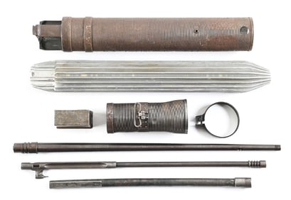 GROUPING OF .303 LEWIS MACHINE GUN PARTS INCLUDING RADIATOR, SHROUD, OPERATING ROD, CYLINDER, AND