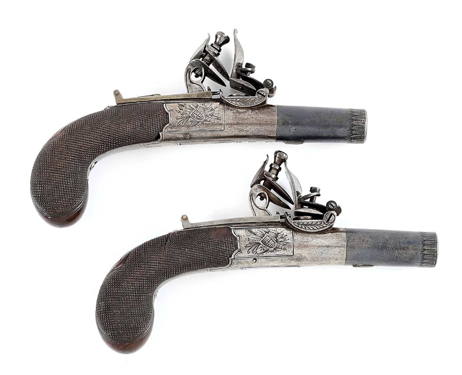 (A) PAIR OF ENGLISH BOXLOCK MUFF PISTOLS BY GREEN & PICKSLAY.: Blued screw-barrels with stiffleaf engraving at muzzles, Birmingham proofs on bottoms of breeches. Rounded and scalloped boxlock actions engraved on both sides with panoplies of arms, left side also e