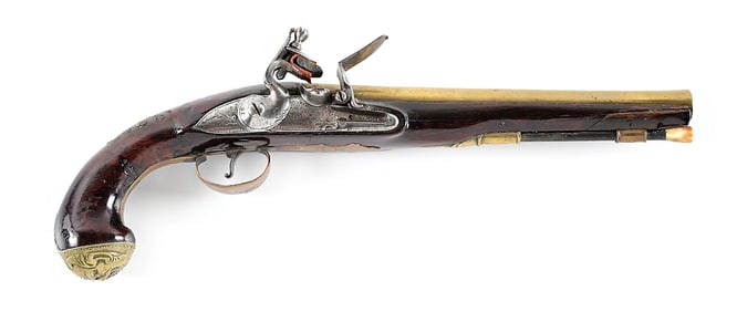 (A) BRASS BARRELED BRITISH FLINTLOCK OFFICER'S PISTOL BY ADAMS.