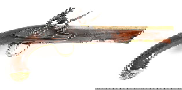 (A) BRASS BARRELED BRITISH FLINTLOCK OFFICER'S PISTOL BY KETLAND.: Round barrel with partially flattened sighting plane with a balloon finial signed "LONDON". Breech with beadwork and offset with "P" and "V" view and proof marks. Trumpet head ramrod retained by a sin
