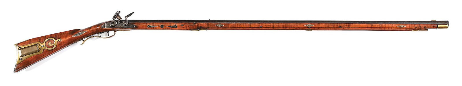 (A) SILVER INLAID FLINTLOCK KENTUCKY RIFLE.: Probably Southern. Octagon barrel with long 4 - 3/8" tang. Imported lock with roller frizzen and double set triggers. Fifteen silver inlays. Brass patchbox with pierced Q finial. Engraved sideplate ap