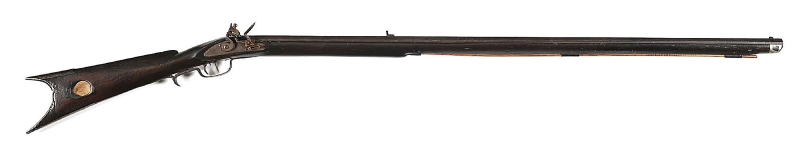 (A) SOUTHERN MOUNTAIN STYLE FLINTLOCK KENTUCKY RIFLE.: Rifled octagon barrel and modern lock. Iron furniture and double-set triggers. Walnut stock with pierced pewter nosecap. CONDITION: Barrel retains a brown patina with scattered pitting. Lock has an ag