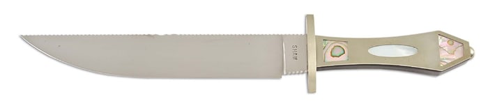 DAVID SHAW ABALONE COFFIN HANDLED BOWIE KNIFE.