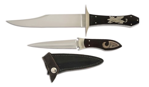 LOT OF 2: DAN DAGGET BOWIE KNIFE WITH DRAGON ESCUTCHEON INLAIND COFFIN HANDLE AND FIGHTER