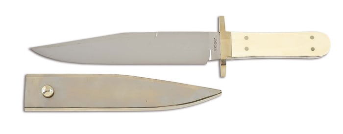 D.E. HENRY IVORY GRIP BOWIE KNIFE WITH SILVERED SCABBARD.