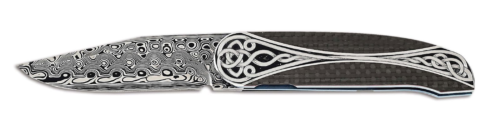 ANDRE THORBURN L40 FRONT FLIPPER.: Andre Thorburn is one of the leading knife makers from South Africa and is best known for his folding knives. This example features a raindrop Damascus clip point blade. The handle features engraved s