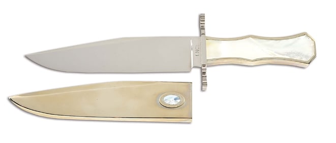 JIM ENCE CUSTOM MOTHER OF PEARL COFFIN HANDLE BOWIE KNIFE.