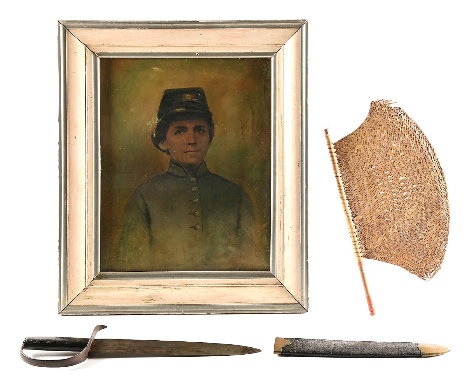 ARCHIVE OF CONFEDERATE SOLDIER JOHN HAWKINS.: Lot consists of: (A) Large format, framed albumen or salt print photo of a Confederate soldier that has been hand colored with ink and/or oil pastels typical of the period just following the Civil War