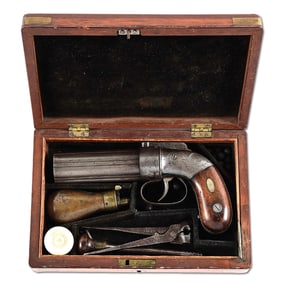(A) CASED ALLEN MEDIUM PERCUSSION PEPPERBOX REVOLVER.