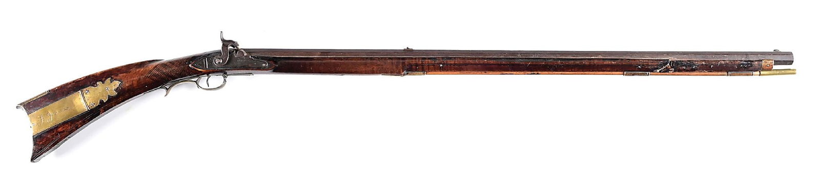 (A) 1829 DATED PERCUSSION KENTUCKY RIFLE.: Lehigh County. Octagon barrel inscribed on top "1829" with scrolls on each side. Unmarked percussion lockplate. Brass furniture including two piece Lehigh patchbox inscribed "To. Germer" on lid. Tiger