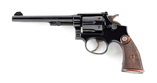 (C) PRE WAR SMITH & WESSON K-22 OUTDOORSMAN DOUBLE ACTION TARGET REVOLVER WITH RED PICTURE BOX