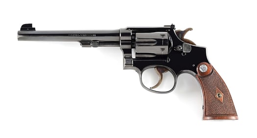 (C) PRE-WAR SMITH & WESSON K-22 OUTDOORSMAN DOUBLE ACTION TARGET REVOLVER WITH RED PICTURE BOX.