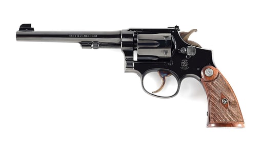(C) PRE WAR SMITH & WESSON 1ST MODEL K-22 OUTDOORSMAN DOUBLE ACTION REVOLVER WITH RED PICTURE BOX
