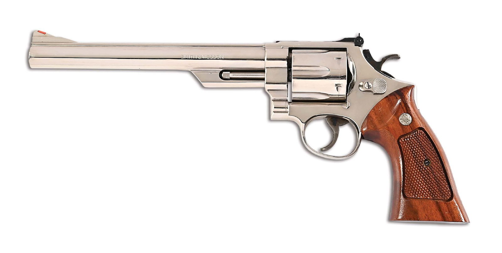 (M) SMITH & WESSON MODEL 29-2 DOUBLE ACTION REVOLVER.: Manufactured 1977-78. This is the last of the pinned barrels with recessed chambers. Built on N frame, 3-screw, factory nickel finish, red insert front sight, adjustable rear sight, case color target