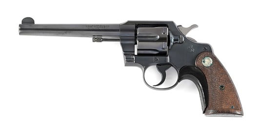 (C) COLT OFFICAL POLICE HEAVY BARREL DOUBLE ACTION REVOLVER.