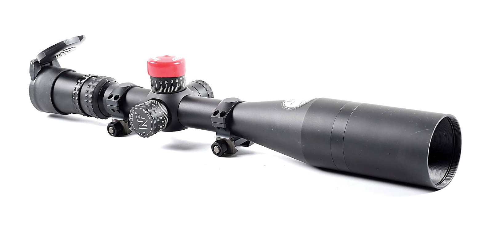 NIGHTFORCE NXS 3.5-50X15 SCOPE: With MOAR SFP reticle, Vortex ocular bell cover, ZeroStop cover on elevation turret, and scope. CONDITION: Excellent with some superficial handling marks, some silvering to windage turret. Glass is cl