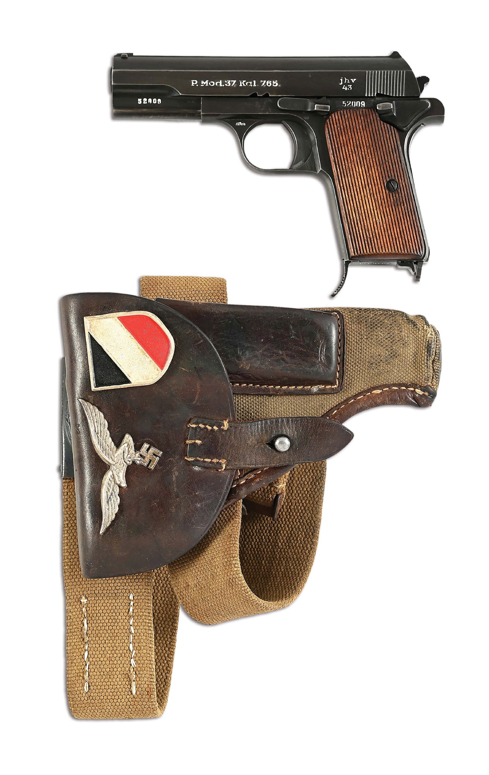 (C) WWII GERMAN FEMARU MODEL 37(U) SEMI-AUTOMATIC PISTOL WITH TROPICAL LUFTWAFFE RIG.: Manufactured in Hungary as part of the 2nd WWII German contract. Many of these pistols saw service with the Luftwaffe. As standard for 2nd contract production with brushed blue finish, "P. Mod. 37, Ka