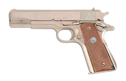 (M) NICKEL COLT 1911A1 SERIES 70 GOVERNMENT MODEL .45 ACP SEMI-AUTOMATIC PISTOL (1976).