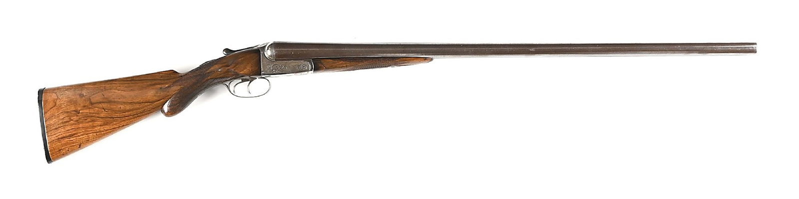 (A) T.R. HASDELL SIDE BY SIDE 10 GAUGE HAMMERLESS SHOTGUN.: T.R. Hasdell was an English trained gunsmith who worked in Chicago from the 1870s-1880. He favored making shotguns on W.C. Scott Anson Deeley actions. This gun features Damascus barrels, extractors, s