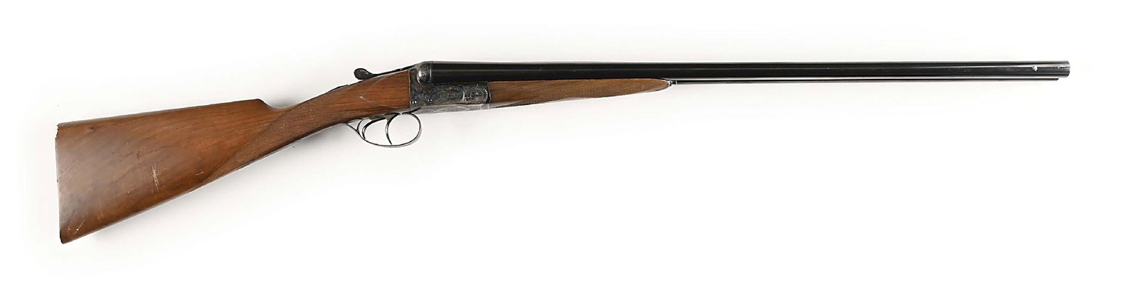 (C) ENGRAVED CHRISTOPHE BRUXELLIS SIDE BY SIDE 16 GAUGE SHOTGUN.: Quality Belgian case colored and engraved box lock double features automatic ejector, fully matted rib, single brass bead front sight, double triggers, and oil finished English style checkered walnut 